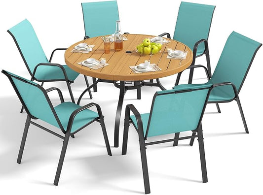 Outdoor Patio Dining Set for 6, 7 Pieces Patio Table and Chairs Set with Umbrella Hole, 47"x 47" Round Metal Wood-Grain Dining Table Set with 6 Stackable Patio Chairs for Deck , Backyard, Porch