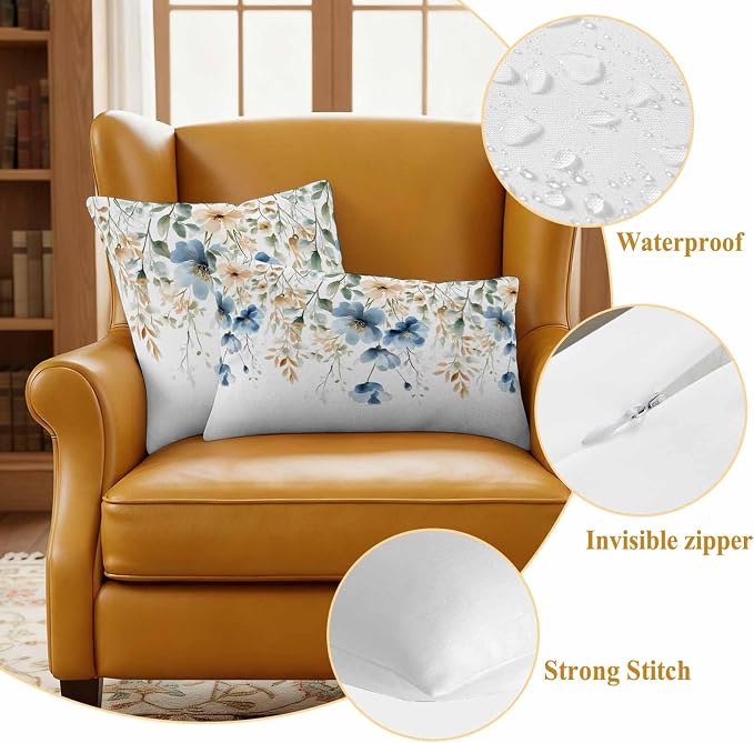 Blue Spring Floral Waterproof Outdoor Pillow Covers 16''x16'' Set of 2, Weeping Botanical Patio Furniture Summer Cushion Covers for Chairs, Decorative Wildflowers Pillow Cases for Garden/Pool/Beach