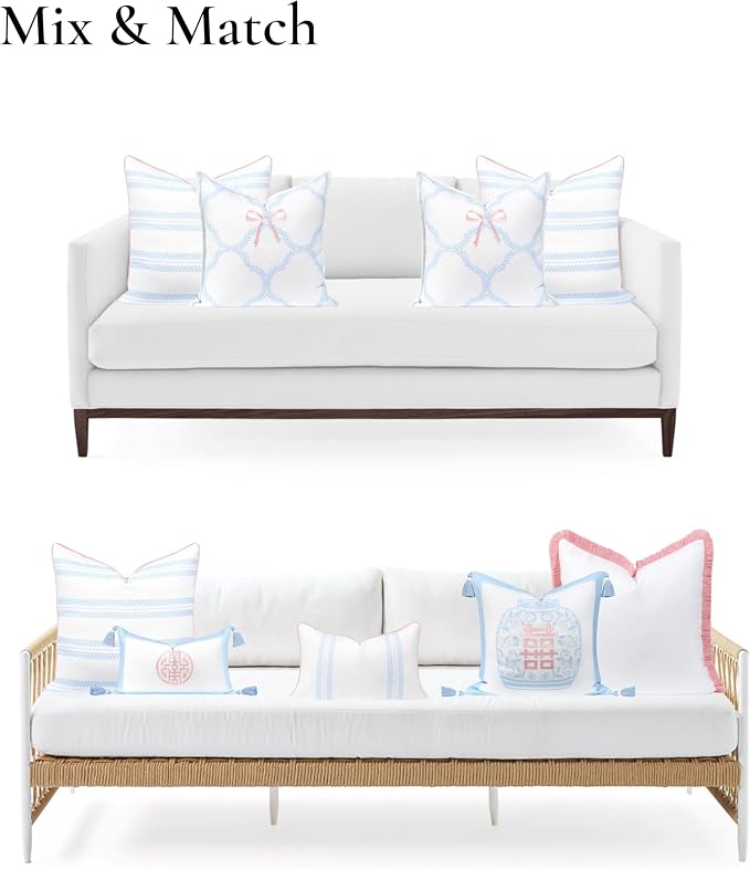Hofdeco Premium Coastal Grandmillennial Patio Indoor Outdoor Throw Pillow Cover Only, 22"x22" Water Repellent for Backyard, Couch, Poolside, Baby Blue Pink Print Leaf Striped