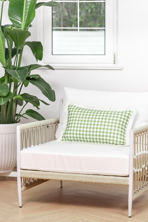 Hofdeco Premium Coastal Patio Indoor Outdoor Lumbar Pillow Cover Only, 12"x20" Water Resistant for Backyard, Couch, Green Gingham Fringe