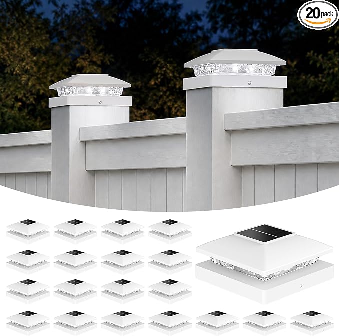 APONUO Solar Post Cap Lights for 4x4 5x5 Posts - IP64 Waterproof, 6500K LED, No-Wire Fence Lights & Deck Lights for Patio Garden Yard Patio, White-Cool White, 20 Pack