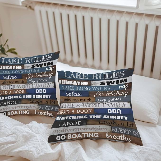 Vandarllin Outdoor Throw Pillows Covers 24x24 inch Set of 2 Waterproof Lake Rules on Wood Grain Decorative Zippered Cushion Covers for Patio Furniture, Rustic Text Wooden Lumbar Pillowcases
