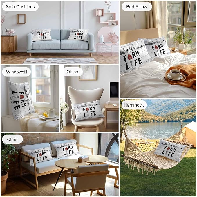 Outdoor Throw Pillows Covers 20x12 inch Set of 2 Waterproof Farm Life Decorative Zippered Cushion Covers for Patio Furniture, Farmhouse Barn Windmill Cow Chicken Tractor Wood Lumbar Pillowcases