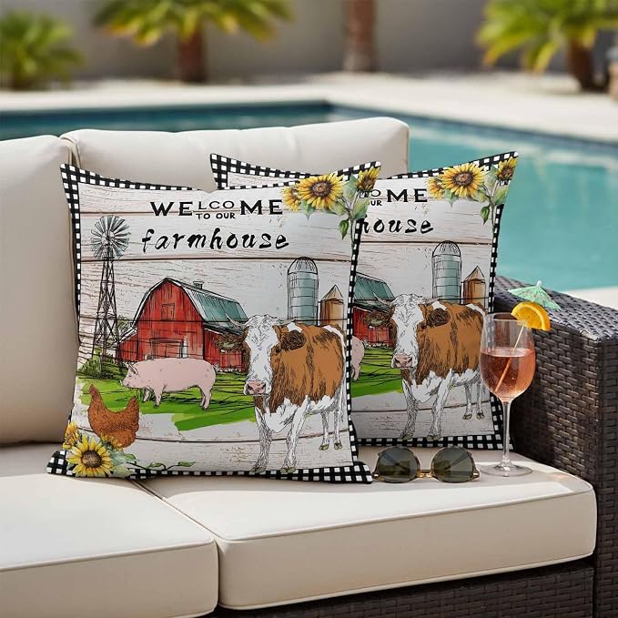 Outdoor Waterproof Pillow Covers 18x18Inch Farmhouse Animal Barn Chicken Pig Cow Throw Pillowcases for Patio Garden Couch Sofa Retro Wood Grain Farm Scene Decorative Cushin Case,Pack of 2