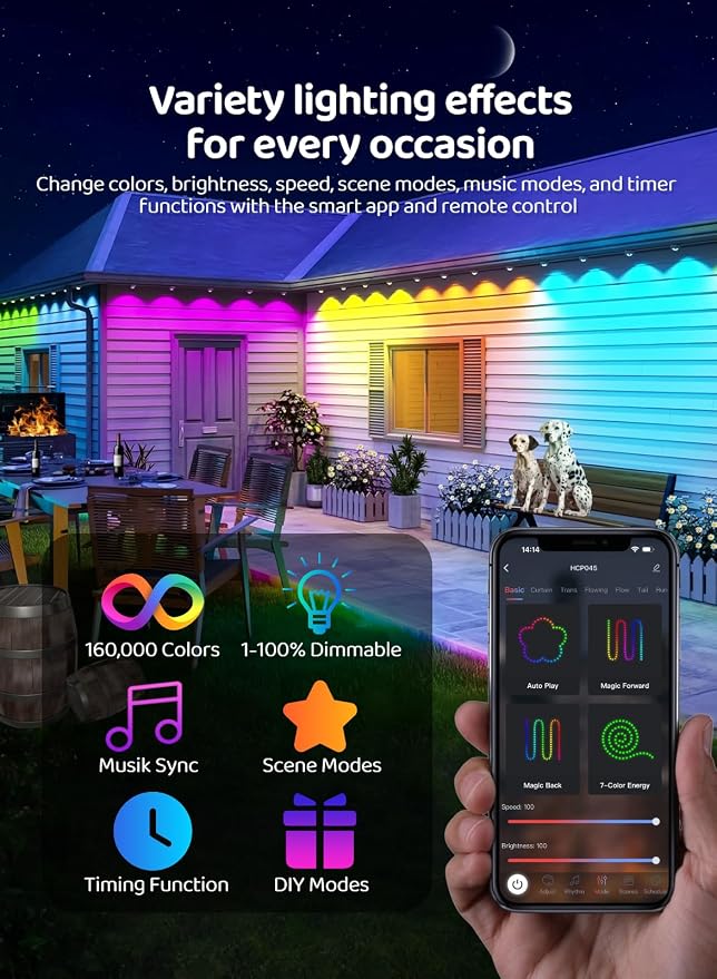 Gaoxun 100ft Permanent Outdoor Lights, RGBW Smart Eaves Lights with 36 LED, APP/Remote Control, Dimmable, 47 Scene Modes, DIY Modes, IP67 Waterproof Christmas Lighting for Daily Holiday Decorations
