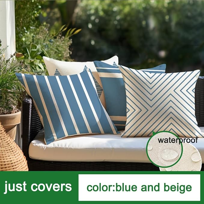 Outdoor Pillows Covers 18x18 Waterproof,Yello and Beige Set of 4(No Insert) | for Covered Patio Furniture Couch Sunbrella,No Insert Just Covers,Fit 18x18 inch Inserts or Smaller,Durable Polyester,Boho