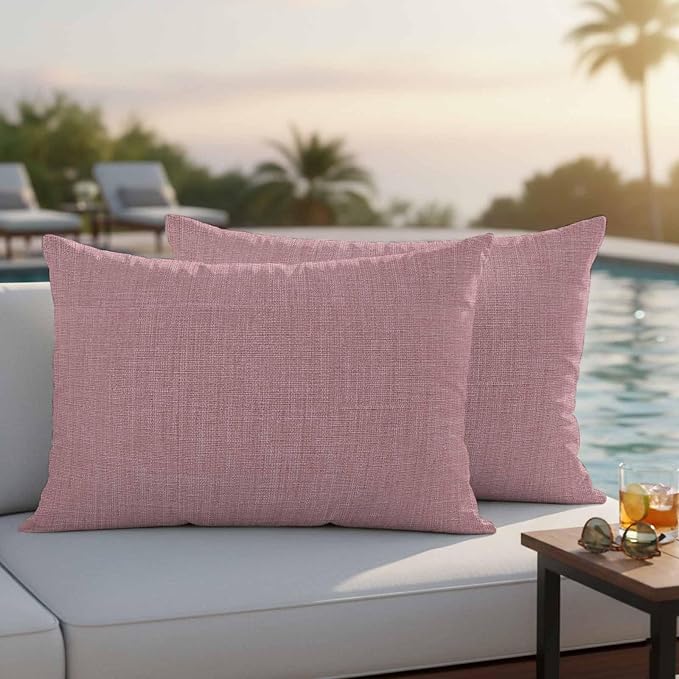 Outdoor Waterproof Throw Pillow Covers Set of 2 Pink Linen Lumbar Pillowcases 20x12 Inches Farmhouse Pure Color Decorative Pillows Cushion Case Patio Pillows for Couch Bed Chair Garden