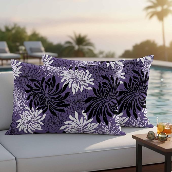 Yukro Purple Black Floral Outdoor Waterproof Pillow Covers Pack of 2, Vintage White Black Flower Purple Decorative Throw Pillowcases Cushion Covers for Garden Patio Tent Sofa Couch, 20x12 inch