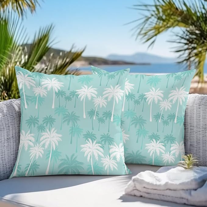 Throw Pillow Covers 24x24 Inch Set of 2, Tropical Palm Tree Waterproof Outdoor Pillow Covers, Turquoise White Plants Coastal Leaf Beach Decorative Cushion Pillowcases for Patio, Garden, Couch, Sofa