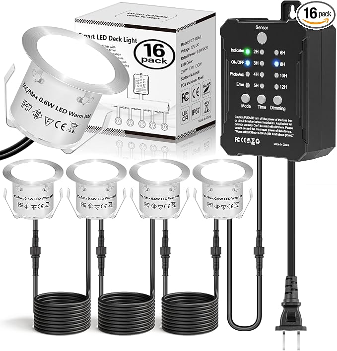 HIBOITEC Low Voltage Deck Lights Recessed Kit with Transformer Dimmable Timer and Photocell Sensor Outdoor LED Deck Lighting IP67 Waterproof 4000K for Stair Step Outdoor Garden Yard 16 Packs