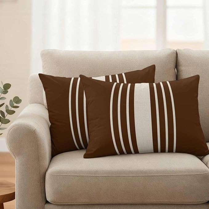 Lumbar Pillow Covers 20x12 Inch Set of 2, Brown Beige Striped Waterproof Outdoor Cushion Covers, Modern Farmhouse Retro Lines Decorative Pillowcases for Couch, Sofa, Bed, Garden, Patio