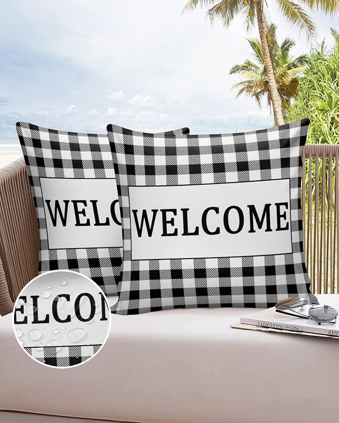 Outdoor Waterproof Pillow Covers for Patio Furniture Black Buffalo Check Plaid Decorative Throw Pillow Cover Welcome Pillowcases Set of 2 Cushion Case for Sofa Couch Chair Home Decor 20x20 inch
