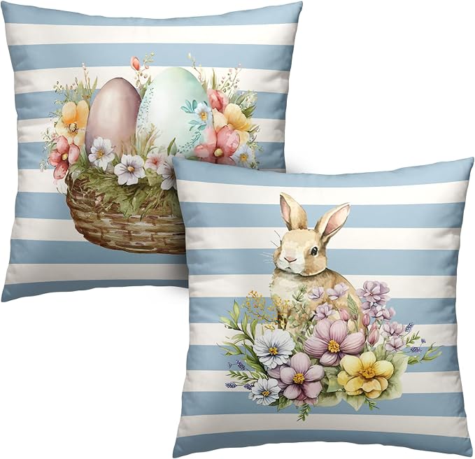 2 Pack Spring Day Stripes Easter Pillows Cases 22x22 Colorful Flowers Rabbit Egg Decorative Throw Pillows Cases Blue and White Pillow Covers Cotton Blend for Indoor Sofa