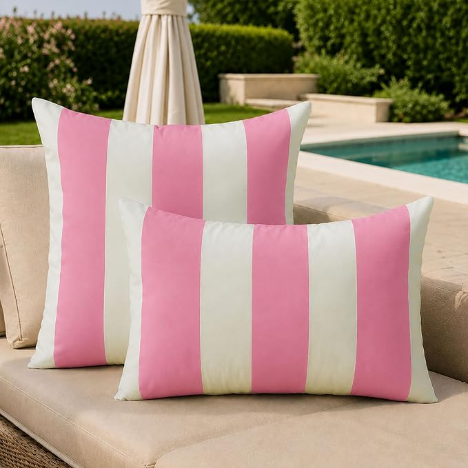Allorry Lumbar Pillow Cover 12x20 Pink Striped Decoration Throw Pillow Covers for Spring Summer Outdoor Waterproof Garden Patio Furniture Sofa Bed Home Decor JB016-F12