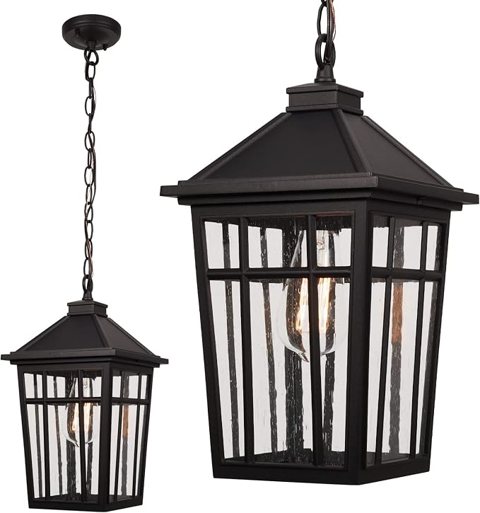 Darkaway Large Outdoor Pendant Light Fixture, 16inch Outdoor Hanging Light Porch Lights Fixtures Anti-Rust Waterproof Aluminum with Seeded Glass for Porch Entryway Doorway Farmhouse (Black，Large)