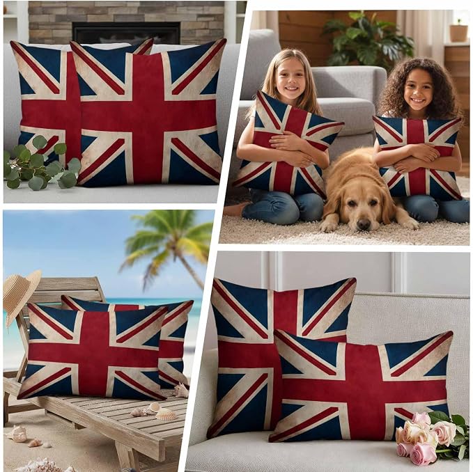4th of July Outdoor Throw Pillows Covers 24x24 inch Set of 2 Waterproof British Flag Decorative Zippered Cushion Covers for Patio Furniture, Vintage National Flag Independence Day Lumbar Pillowcases