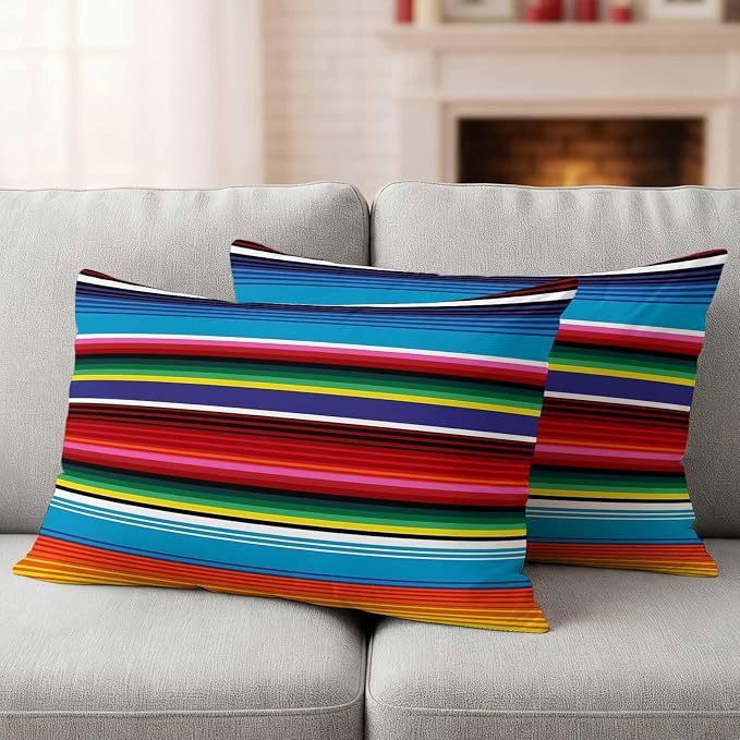 Colorful Striped Outdoor Pillow Covers 20x12 Inch Lumbar Pillow Covers Set of 2 Waterproof Decorative Throw Pillow Cases Boho Rainbow Stripes Abstract Lines Cushion Covers for Patio Furniture Garden