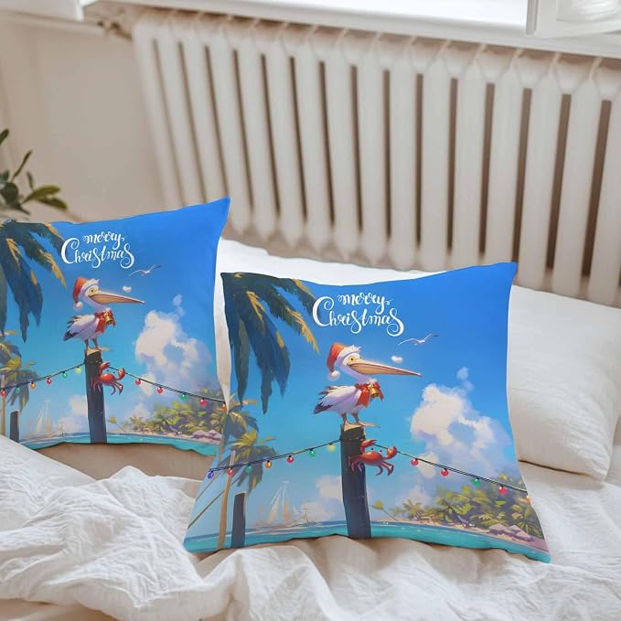 Vandarllin Christmas Outdoor Throw Pillows Covers 18x18 inch Set of 2 Waterproof Pelican Crab Decorative Zippered Cushion Covers for Patio Furniture, Palm Trees Beach Blue Sky Lumbar Pillowcases