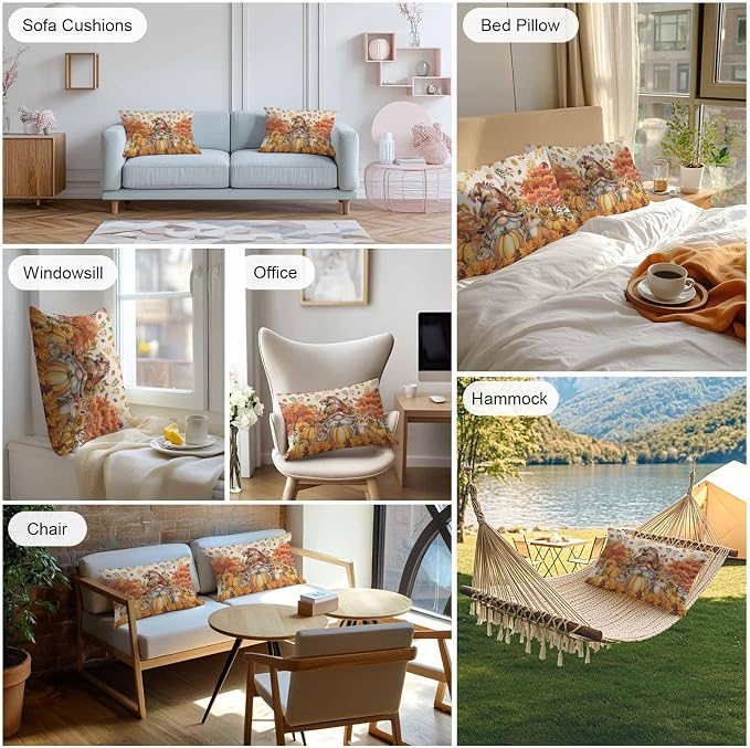 Fall Gnomes Pumpkin Outdoor Waterproof Pillow Covers, Maple Leaves Animal Country Vintage Decorative Rectangle Throw Pillowcase Sofa Cushion Sham for Patio/Couch/Chair, 20"x12" 2 Pack