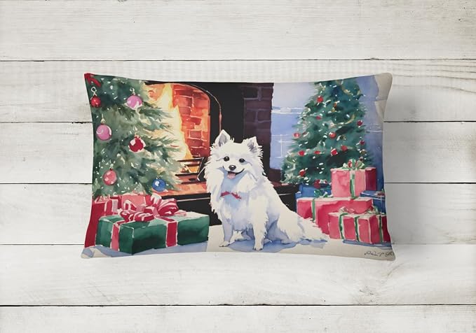 Caroline's Treasures DAC2686PW1216 Japanese Spitz Cozy Christmas Throw Pillow Machine Washable, Indoor Outdoor Decorative Pillow for Couch, Bed or Patio, 12HX16W