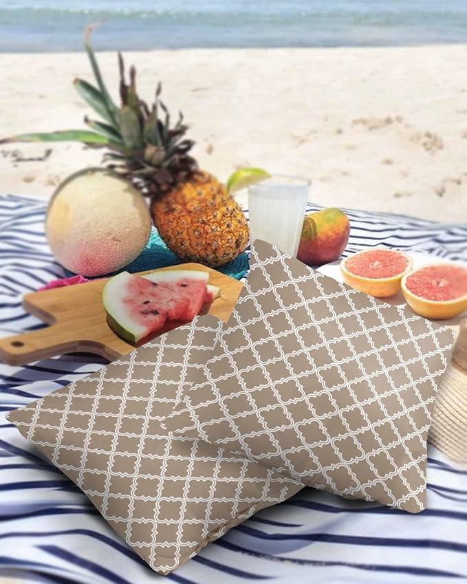 Outdoor Waterproof Pillow Covers for Patio Furniture Moroccan Pattern Decorative Throw Pillow Cover Beige Pillowcases Set of 2 Cushion Case for Sofa Couch Chair Home Decor 18x18 inch