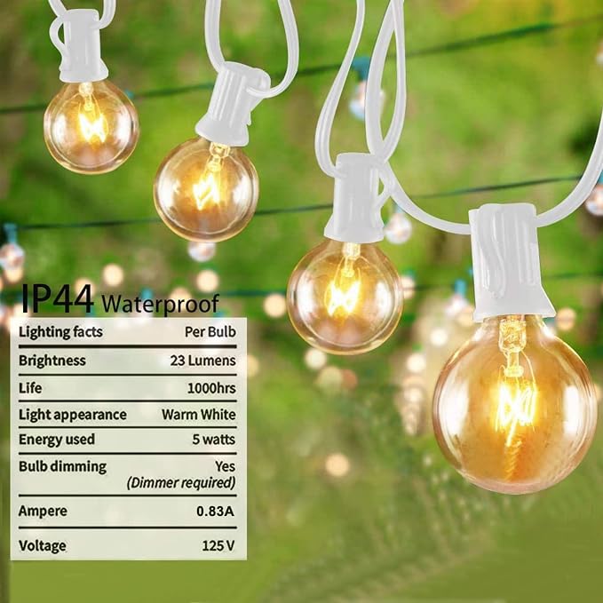 SUNSGNE 50Ft G40 Globe String Lights with 25 Clear Edison Bulbs(5 Spare), White String Lights Outdoor Patio Light for Indoor Outdoor Commercial Decor (White Wire)