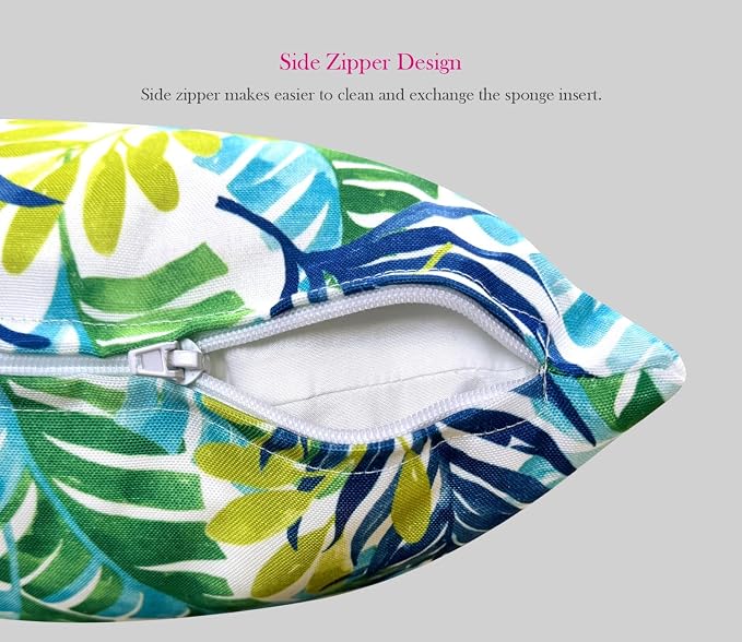 Outdoor Waterproof Decorative Throw Pillows with Inserts for Patio Furniture, 18x18 Inch Fade Resistant Patio Garden Cushions for Couch Bed Sofa, Leaves Blue and Green