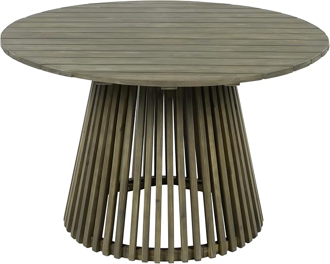 Christopher Knight Home Briar Farmhouse Acacia Wood Round Dining Table, Patio Dining Room Table with Unique Wooden Base for Backyard/Garden, Slatted Design Outdoor Dining Table, Light Teak