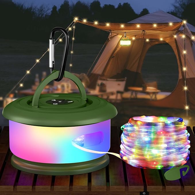 Camping String Lights, Retractable 32.8FT Rechargeable Fairy Light | Quick Storage RGB Flash Lamp Outdoor Waterproof, Portable Hanging Lantern for Outside Tent Patio Awning Garden RV Essentials