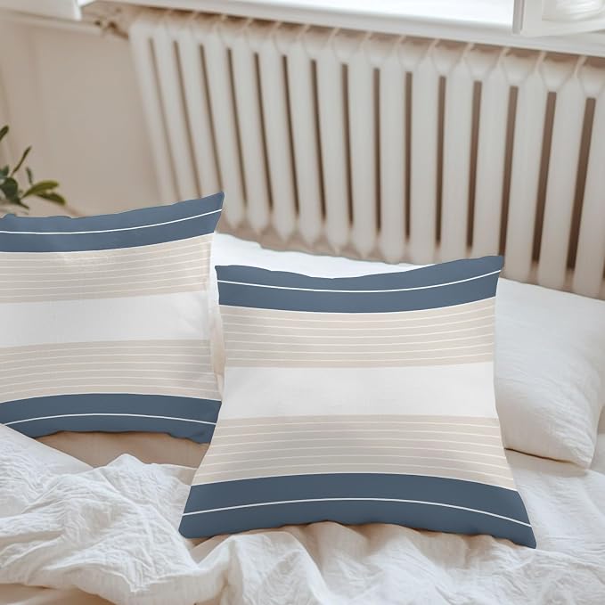 Haze Blue Beige Stripe Outdoor Pillow Covers Waterproof, All Weather Cushion Case Set of 2, Modern Art Horizontal Striped Decorative Pillowcases for Sofa Couch Bed Decor Patio Furniture 18"x18"