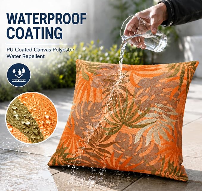 Outdoor Pillow Covers Waterproof Throw Pillow Covers, Set of 2 Jacquard Texture Water Resistant Fade Resistant Decorative Cushion Covers for Garden Patio Bench Couch Sofa, 18x18 Inch (Orange) )
