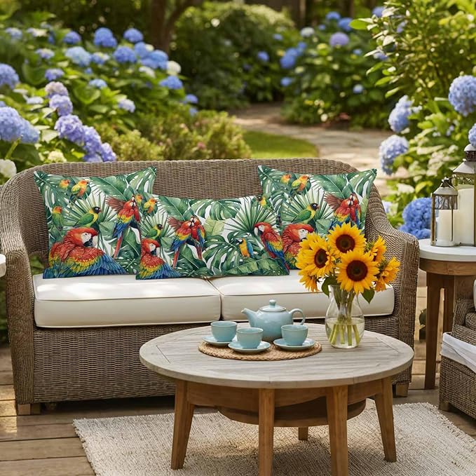 Pack of 2 Waterproof Outdoor Pillow Covers 16x16 Inch Decorative Pillow Covers Tropical Plants Throw Pillowcases Summer Rustic Monstera Palm Leaves Birds Green Outdoor Cushion Cover for Couch, Patio