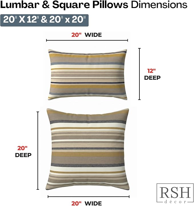 RSH DECOR: Sunbrella Lumbar & Square Pillows Set of 4 | 20" x 12" & 20" x 20" | Water and Fade-Resistant Performance Fabric | Outdoor Throw Pillows for Patio Furniture | Made in USA (Edition Gleam)