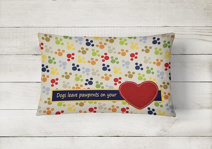 Caroline's Treasures SB3054PW1216 Dogs Leave Pawprints on Your Heart Canvas Fabric Decorative Pillow Machine Washable, Indoor Outdoor Decorative Pillow for Couch, Bed or Patio, 12HX16W