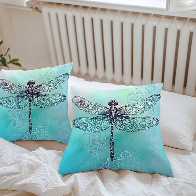 Vandarllin Outdoor Throw Pillows Covers 16x16 inch Set of 2 Waterproof Watercolors Dragonfly Decorative Zippered Cushion Covers for Patio Furniture, Teal Painting Lumbar Pillowcases