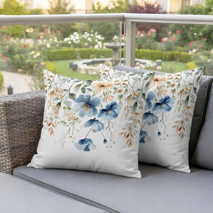 Blue Spring Floral Waterproof Outdoor Pillow Covers 18''x18'' Set of 2, Weeping Botanical Patio Furniture Summer Cushion Covers for Chairs, Decorative Wildflowers Pillow Cases for Garden/Pool/Beach