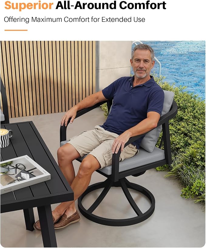 2 Pieces Swivel Patio Chairs, Never-Rust Aluminum Outdoor Dining Chairs with Removable Cushions, Ergonomic Patio Dining Chairs with Wraparound Seating Design for Poolside, Deck, Porch, Black