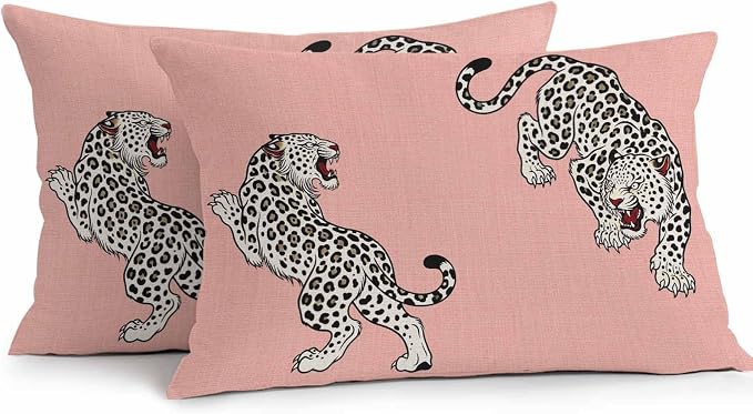 Yukro Pink Leopard Outdoor Waterproof Pillow Covers Pack of 2, Modern Style Wild Animal Rustic Linen Texture Throw Pillowcases Decorative Cushion Covers for Garden Patio Tent Sofa Couch, 20x12 inch