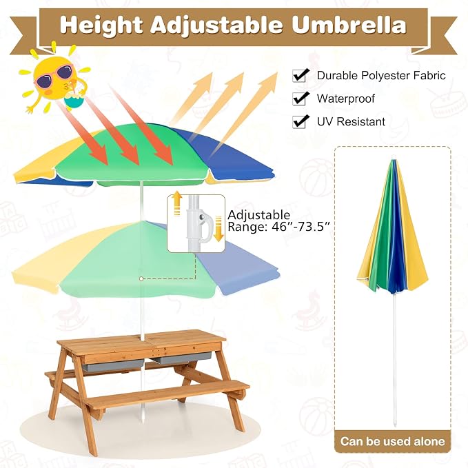 HONEY JOY Kids Picnic Table, 4 in 1 Cedar Wooden Sand & Water Table w/ 2 Removable Box & Umbrella, Kids Picnic Tables for Outdoors Backyard Garden, Toddler Patio Furniture Set for Boys Girls(Colorful)