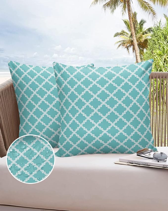 Outdoor Waterproof Pillow Covers for Patio Moroccan Pattern Decorative Throw Pillow Cover Geometric Trellis Cyan Blue Pillowcases Set of 2 Cushion Case for Sofa Couch Chair Home Decor 24x24 inch