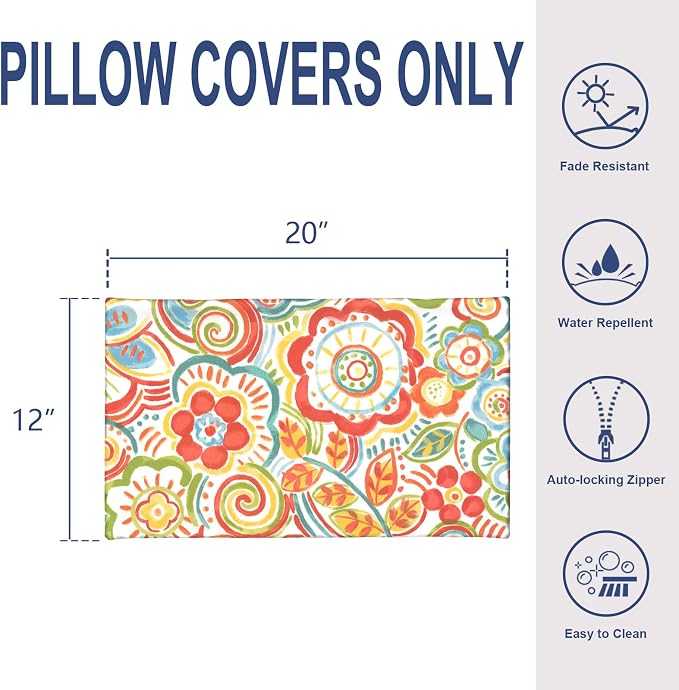 Pack of 2 Outdoor Lumbar Pillow Covers, All Weather Cushion Pillow Cases 12x20 Inch, Pillowcase for Patio Couch Decoration, Flower Multi