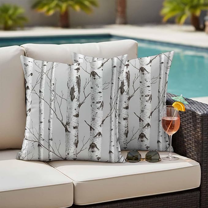 Nature Birch Trees Outdoor Pillow Covers 20"x20" Set of 2, Modern Gray Modern Tree Bark Texture Forest Waterproof Throw Pillow Covers for Patio Furniture, Decorative Cushion Covers for Porch