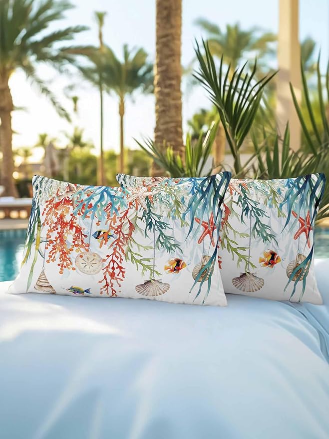 Outdoor Waterproof Throw Pillows Summer Colorful Coral Shell Conch Patio Pillows Pack of 2,Decorative Pillow Covers with Insert,Pillow Cushion Case for Garden Couch Sofa Sea Starfish Fish Marine Life