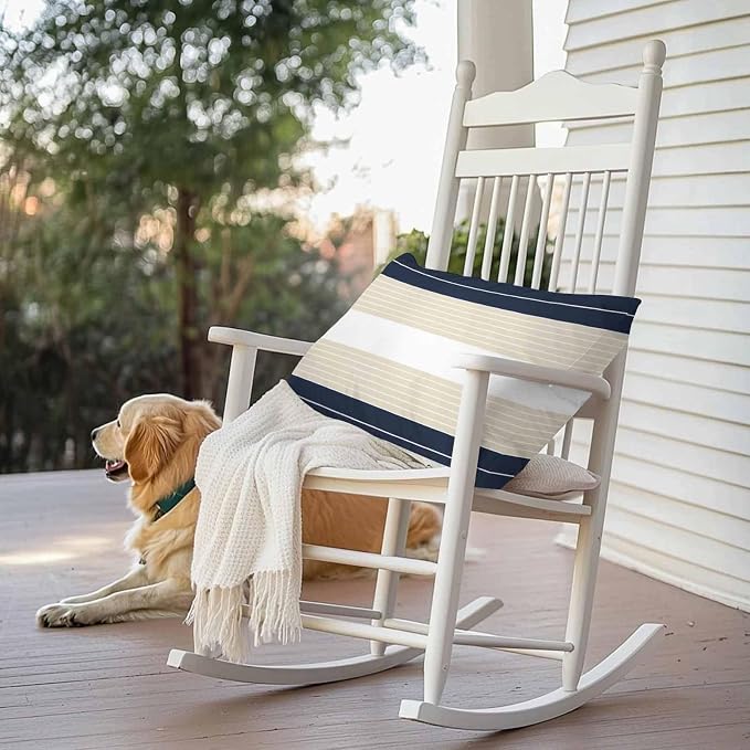 Navy Blue Beige Stripe Outdoor Pillow Covers Waterproof, All Weather Cushion Case Set of 2, Modern Art Horizontal Striped Lumbar Pillowcase for Sofa Couch Bed Decor Patio Furniture 20"x12"