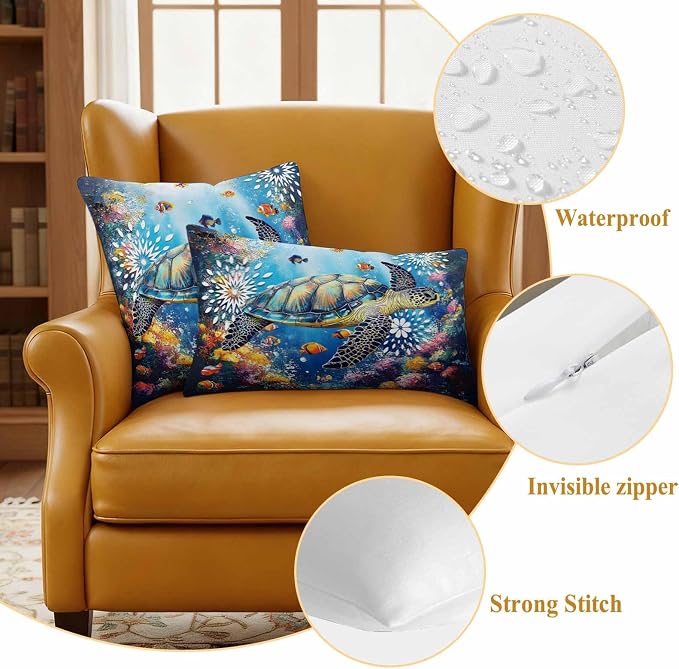 Turtle Waterproof Outdoor Pillow Covers Set of 2 Home Decor, Ocean Fish Coral Underwater World Cartoon Pillowcase Patio Pillow Covers for Couch Bench Furniture Garden 20x20in