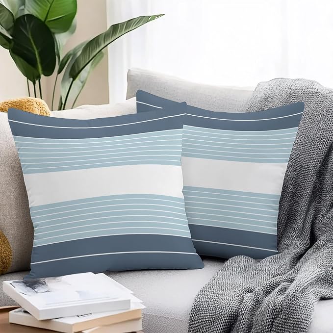 Haze Blue Aqua Stripe Outdoor Pillow Covers Waterproof, All Weather Cushion Case Set of 2, Modern Art Horizontal Striped Decorative Pillowcases for Sofa Couch Bed Decor Patio Furniture 16"x16"