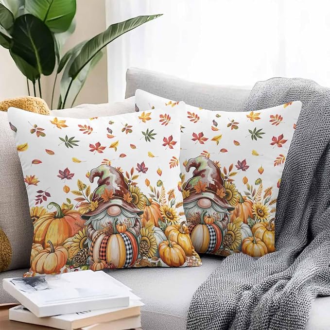 Fall Gnomes Outdoor Waterproof Pillow Covers, Thanksgiving Pumpkins Leaf Sunflowers Farm Decorative Square Throw Pillowcase Sofa Cushion Sham for Patio/Couch/Chair, 24"x24" 2 Pack