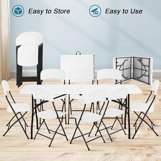 6ft Folding Table and Chairs, Outdoor Folding Chairs Set of 4, Foldable Table with Handle, Tables and Chairs for Parties, Picnic, Event, Indoor Outdoor Activities, at Home and Commercial Use, White