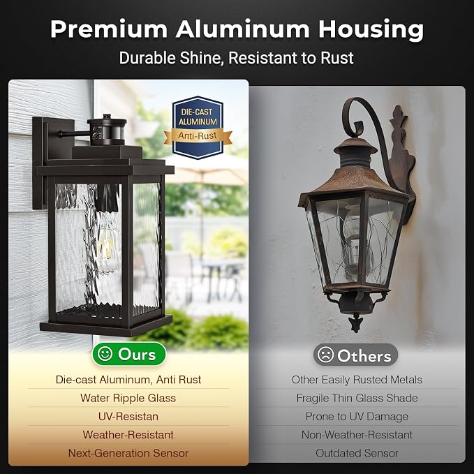 VIANIS Large Adjustable-Sensitivity Motion Sensor Outdoor Lights, Oil-Rubbed Bronze Porch Light with Tempered Ripple Glass, Aluminum Waterproof Outdoor Light Fixture, Exterior Lights for Garage
