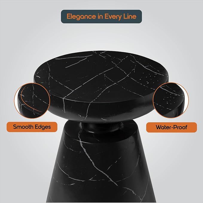 LeisureMod Isle Series Modern End Table – Minimalist Round Fiberstone Tabletop with Pedestal Base, Accent Side Table for Living Room, Bedroom, Patio in Marble Black